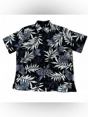 Caribbean Joe Black/Gray Leaf Print 100% silk Hawaiian beach summer sun Shirt